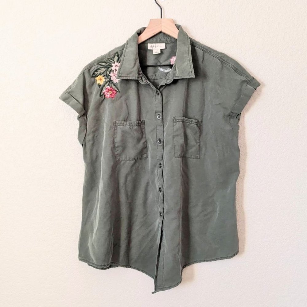 Style & Co Flower Embroidered Button Down Tie Front Blouse 1X